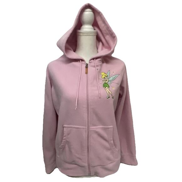 Disney Vintage Tinkerbell Pink Fleece Zip Up Hoodie Bling Jacket XL Pockets - Picture 1 of 9